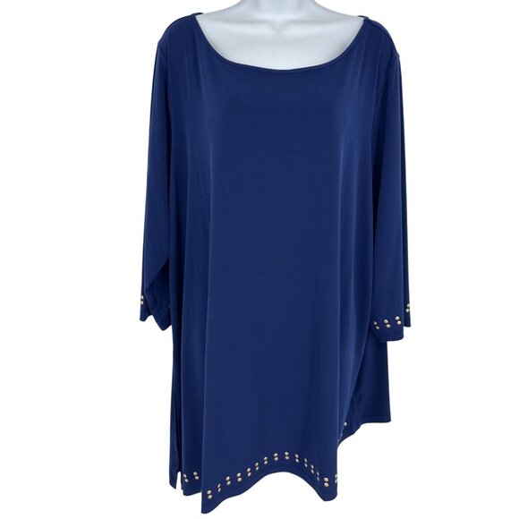 Susan Graver Blue Long Sleeve Tunic W/ Gold Stud Accents On Hem & Sleeves Sz 2X - Picture 1 of 10